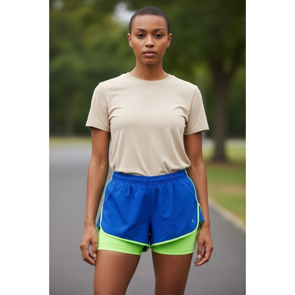 Danskin Now Womens XL 2-in-1 Running Shorts Blue Lime Green